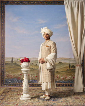 Beige Hexagon Sherwani Set