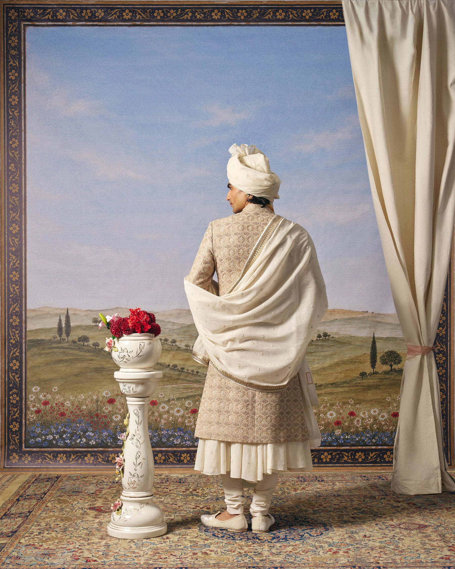 Beige Hexagon Sherwani Set