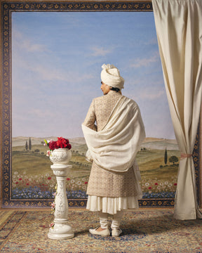 Beige Hexagon Sherwani Set