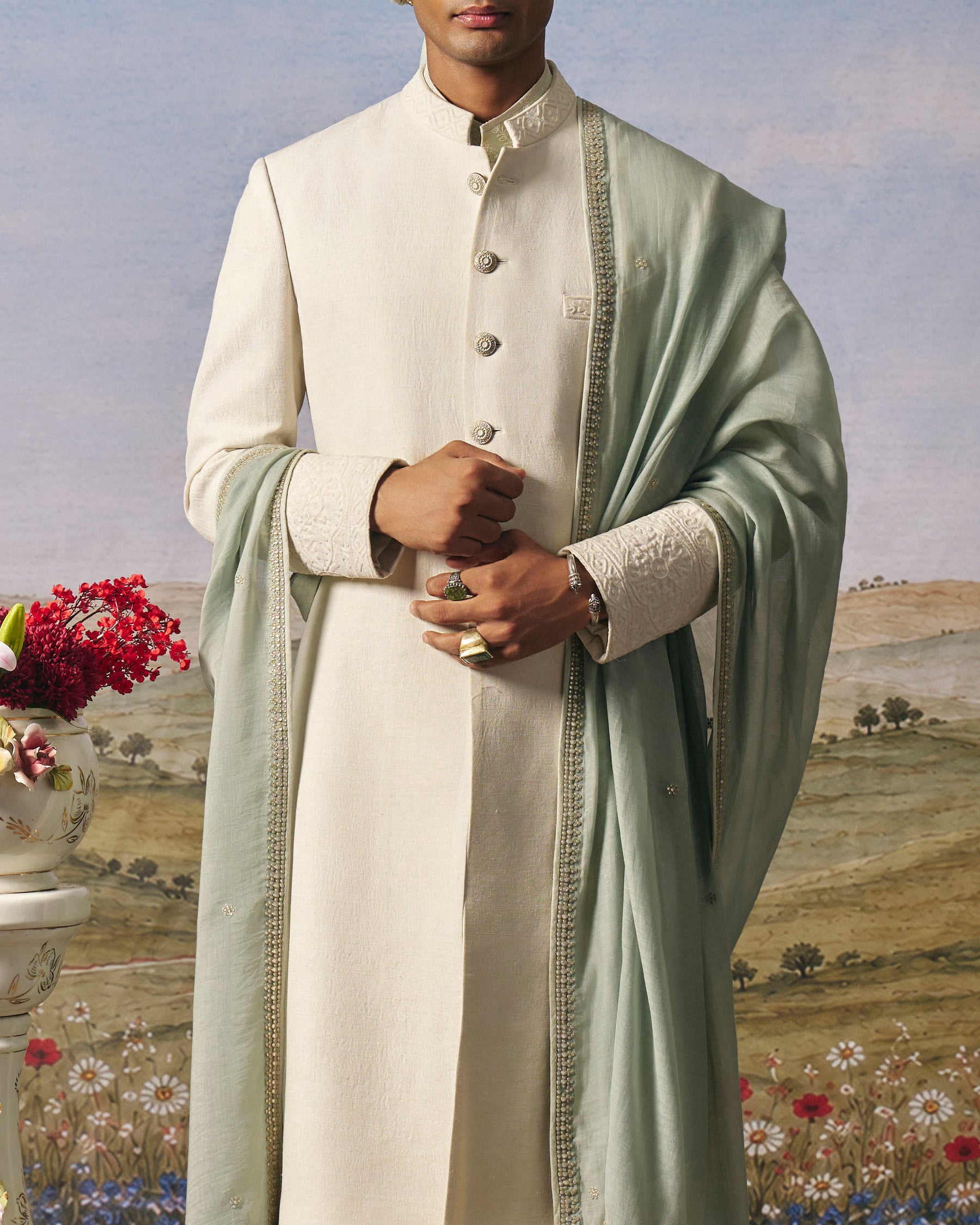 Ivory Corded Sherwani Set
