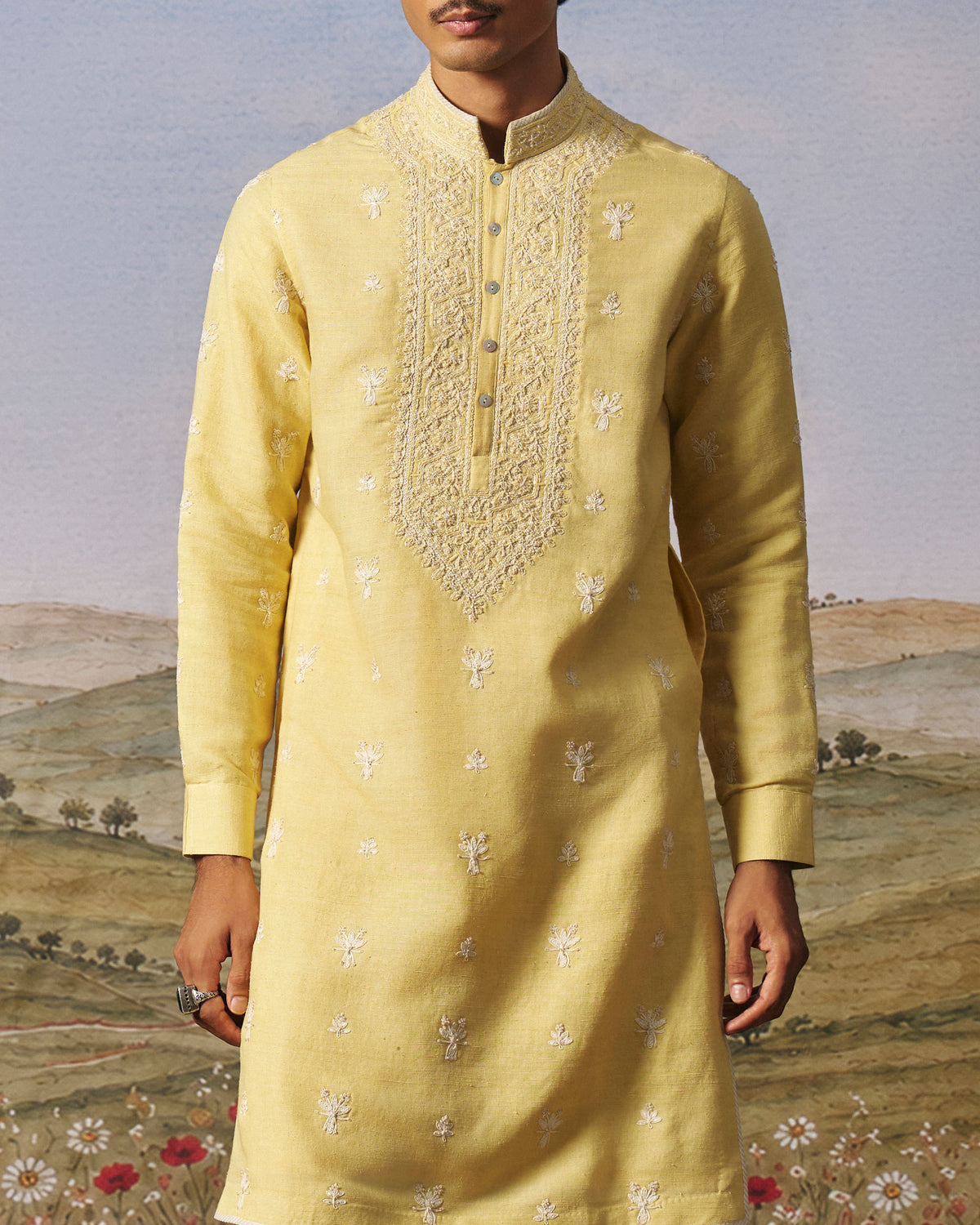 Yellow Matka Silk Embroidered Kurta Set