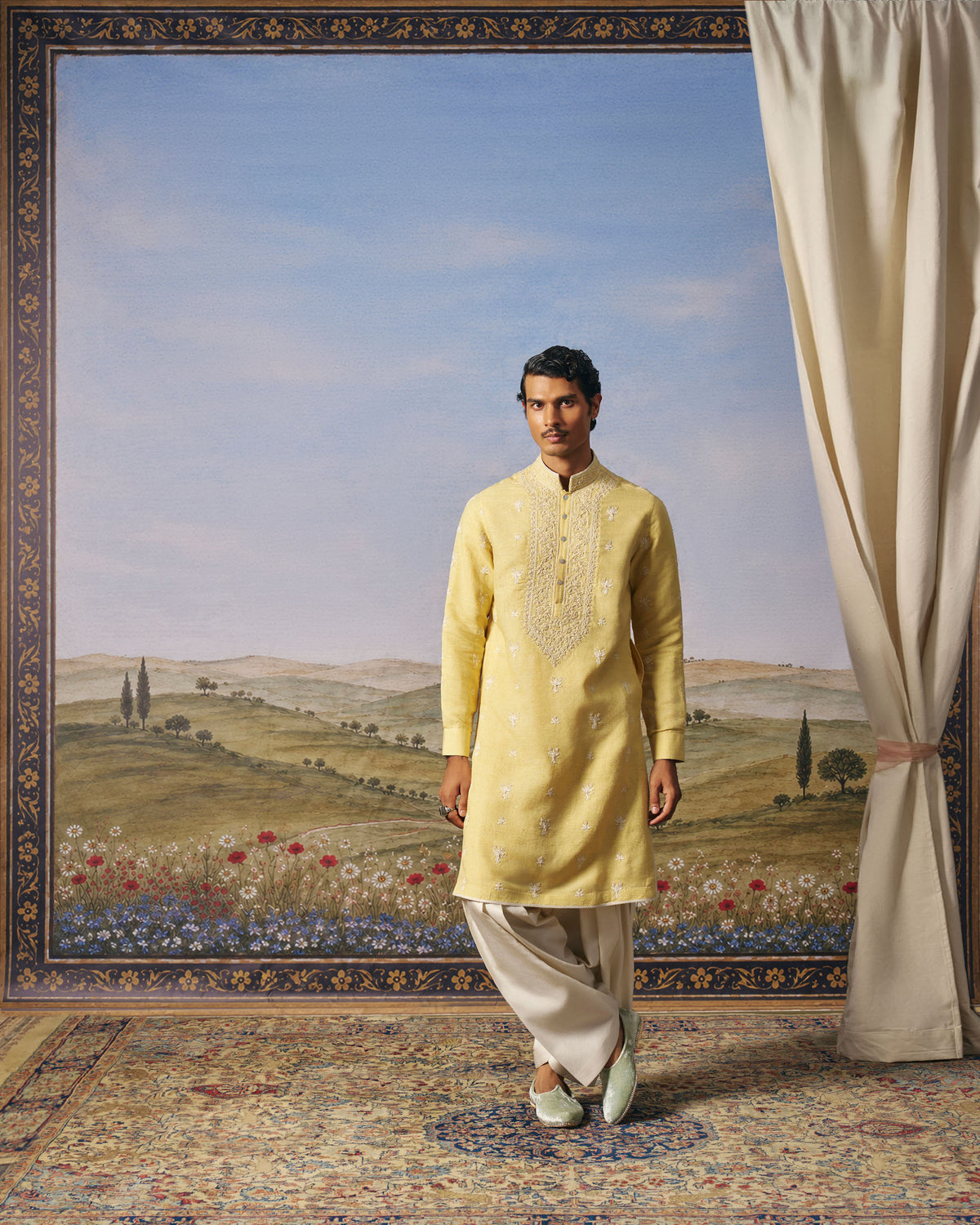 Yellow Matka Silk Embroidered Kurta Set