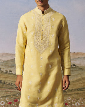 Yellow Matka Silk Embroidered Kurta Set
