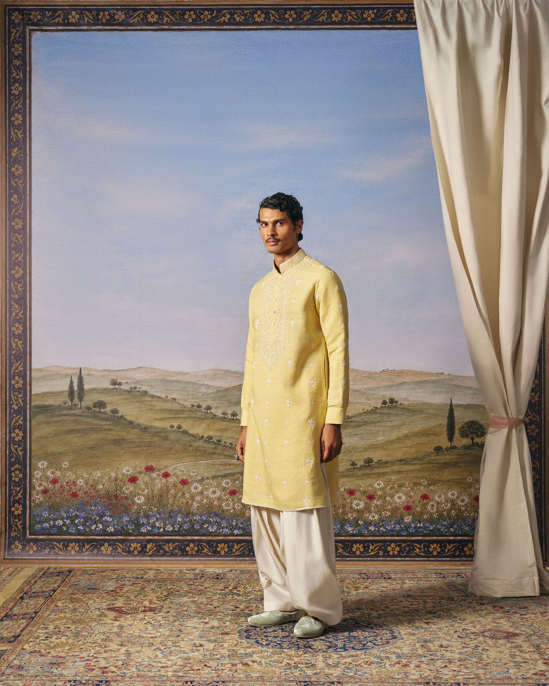 Yellow Matka Silk Embroidered Kurta Set