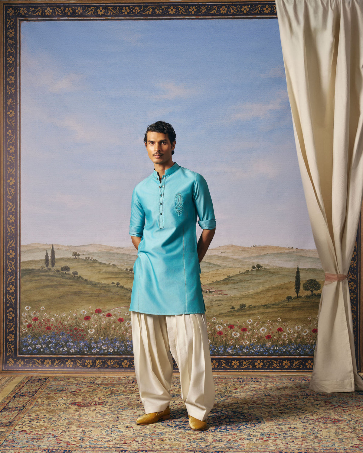 Firozy Satin Chanderi Ambi Kurta Set