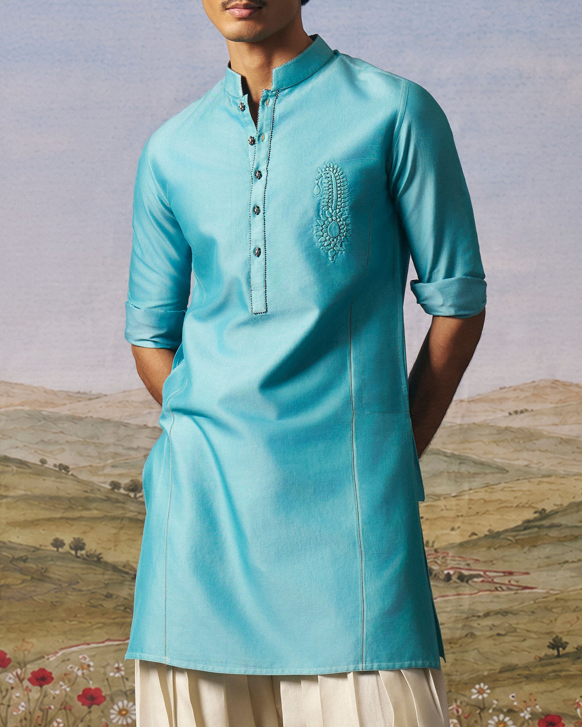 Firozy Satin Chanderi Ambi Kurta Set