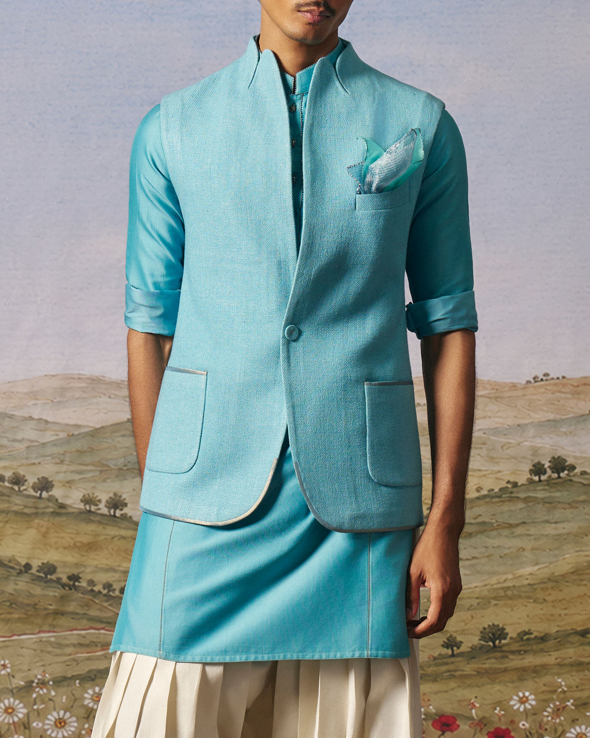 Firozi Herringbone Patch Pocket Bundi