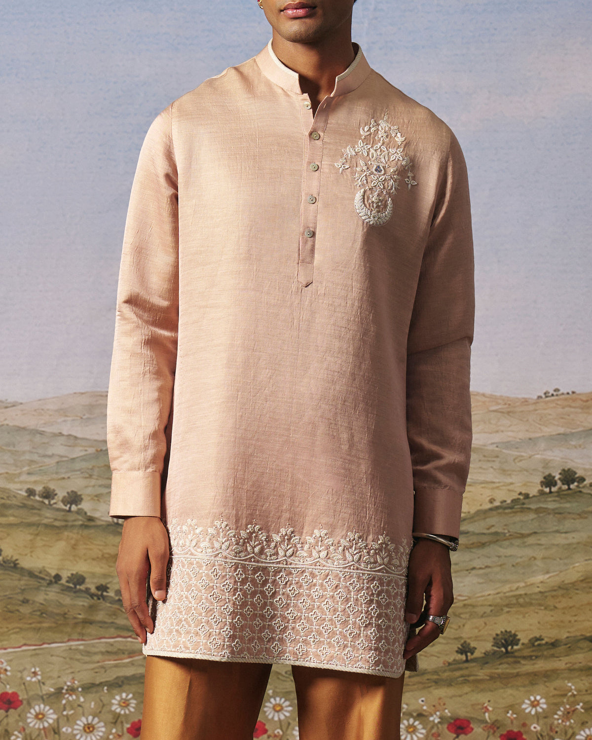 Pink Linen Zari Jaal Embroidered Kurta Set