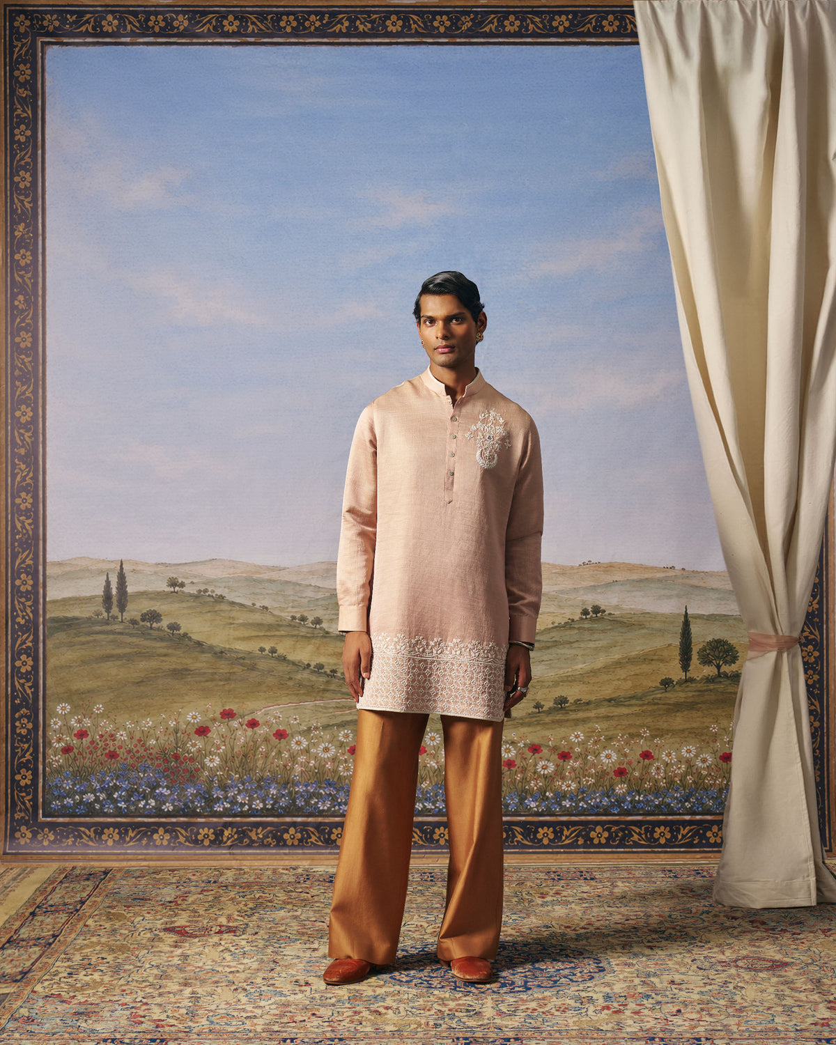Pink Linen Zari Jaal Embroidered Kurta Set