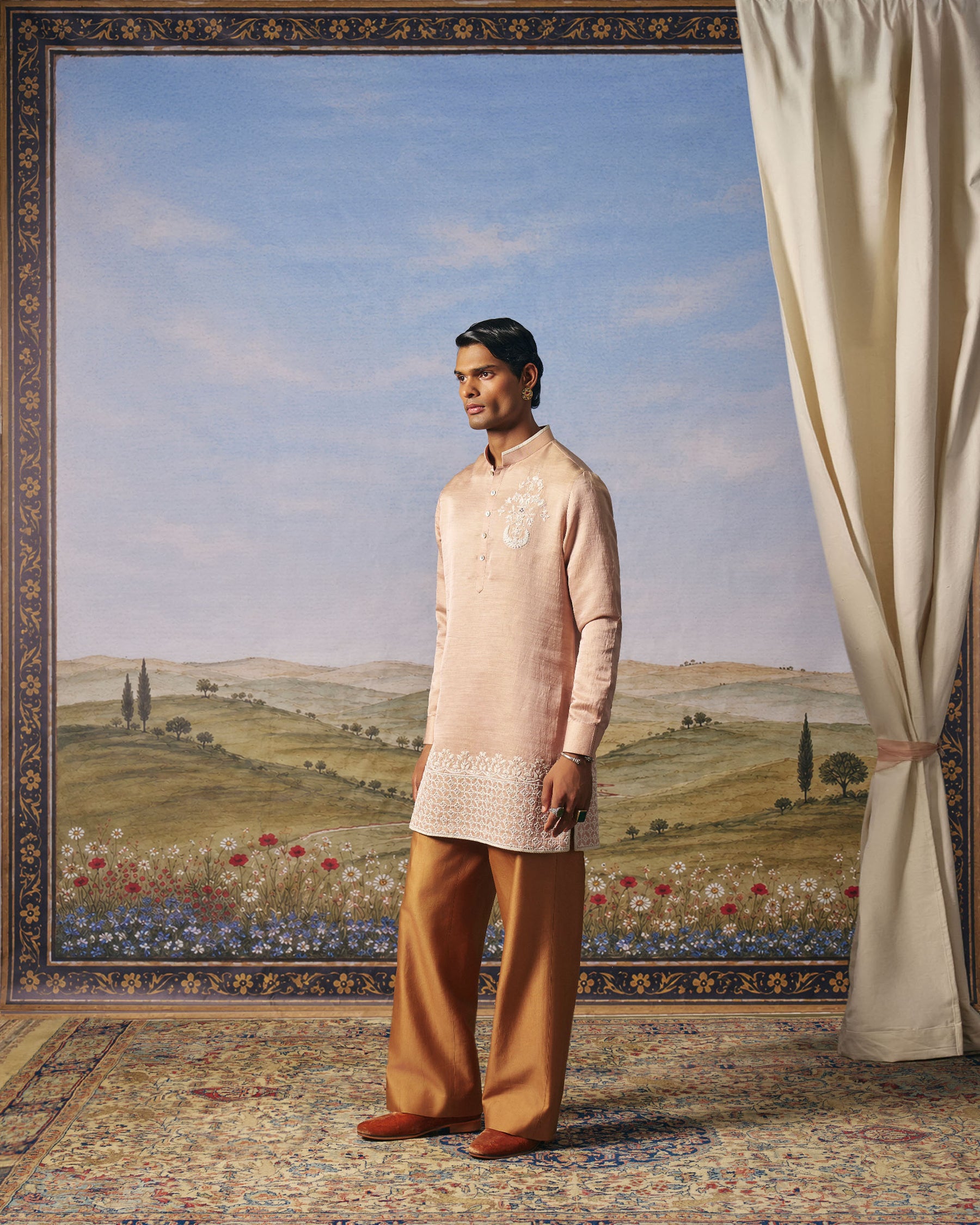 Pink Linen Zari Jaal Embroidered Kurta Set