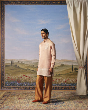 Pink Linen Zari Jaal Embroidered Kurta Set