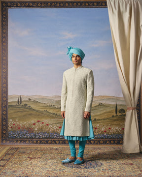 Sage Green Floral Sherwani Set