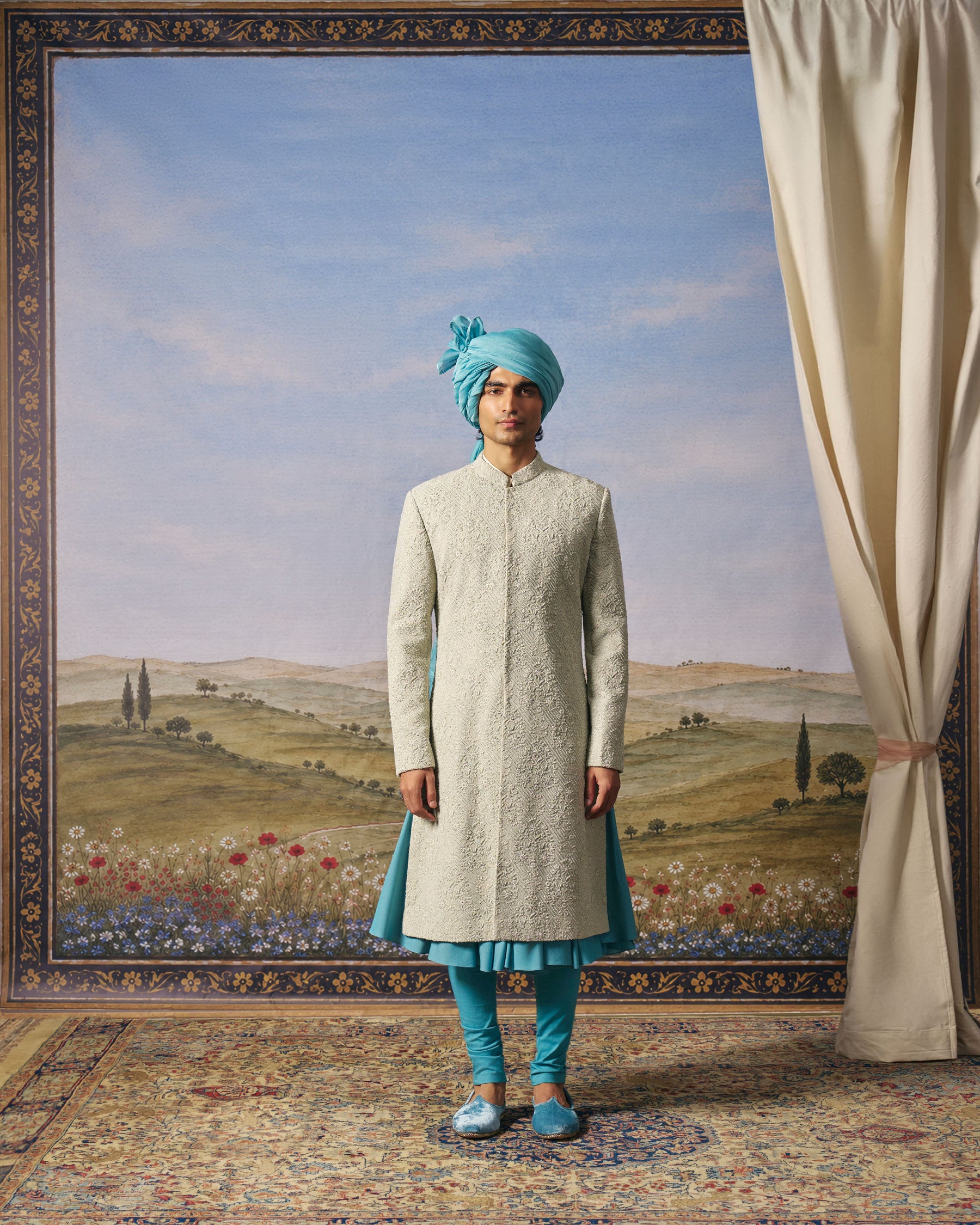 Sage Green Floral Sherwani Set