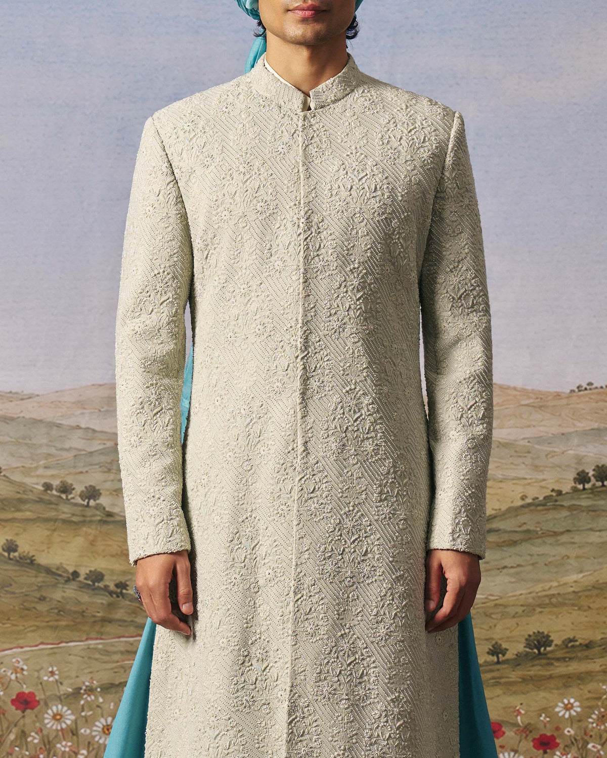 Sage Green Floral Sherwani Set