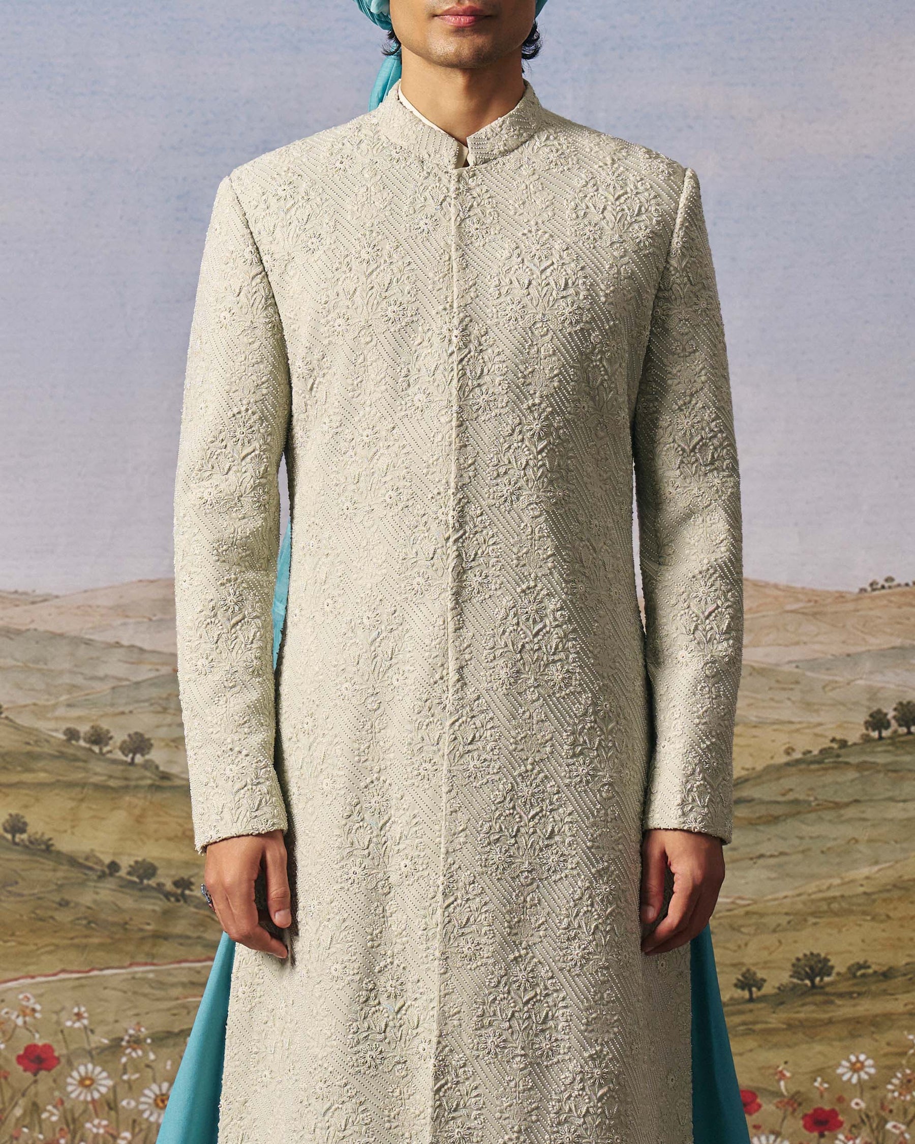 Sage Green Floral Sherwani Set