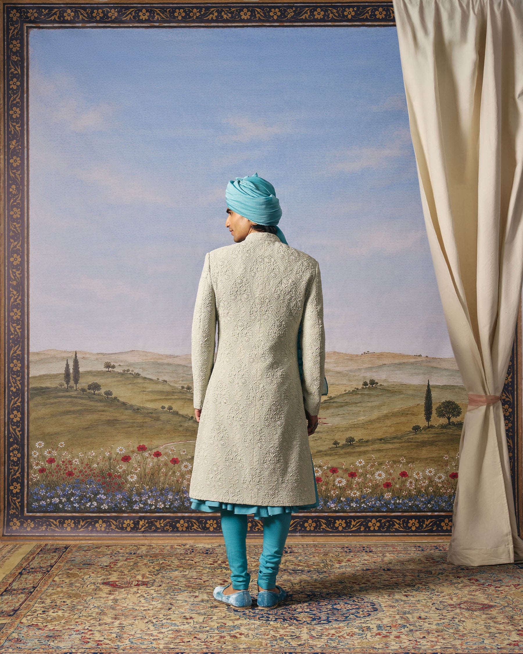 Sage Green Floral Sherwani Set