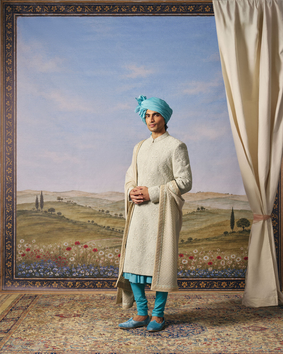 Sage Green Floral Sherwani Set
