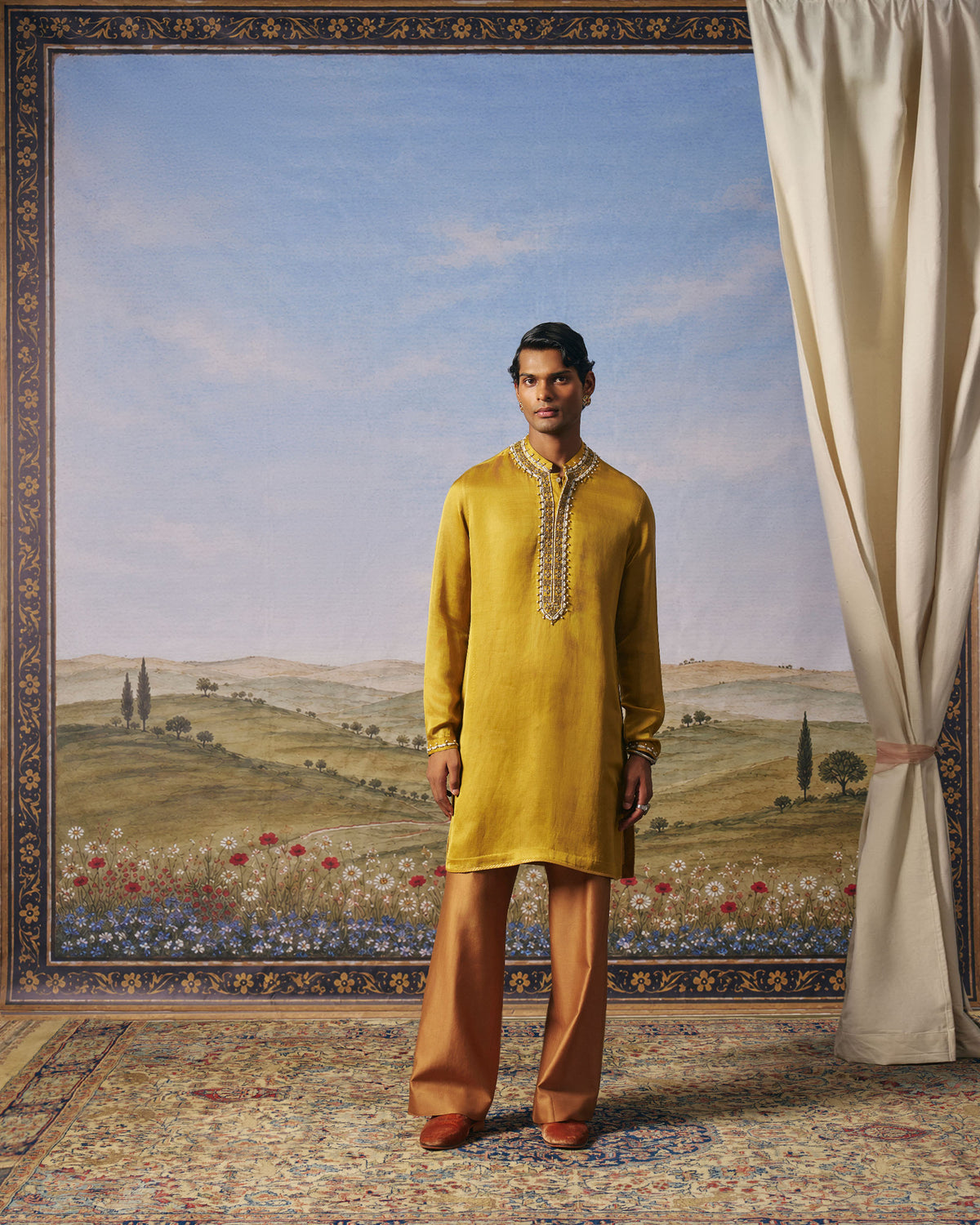 Mustard Linen Satin Kundan Kurta Set