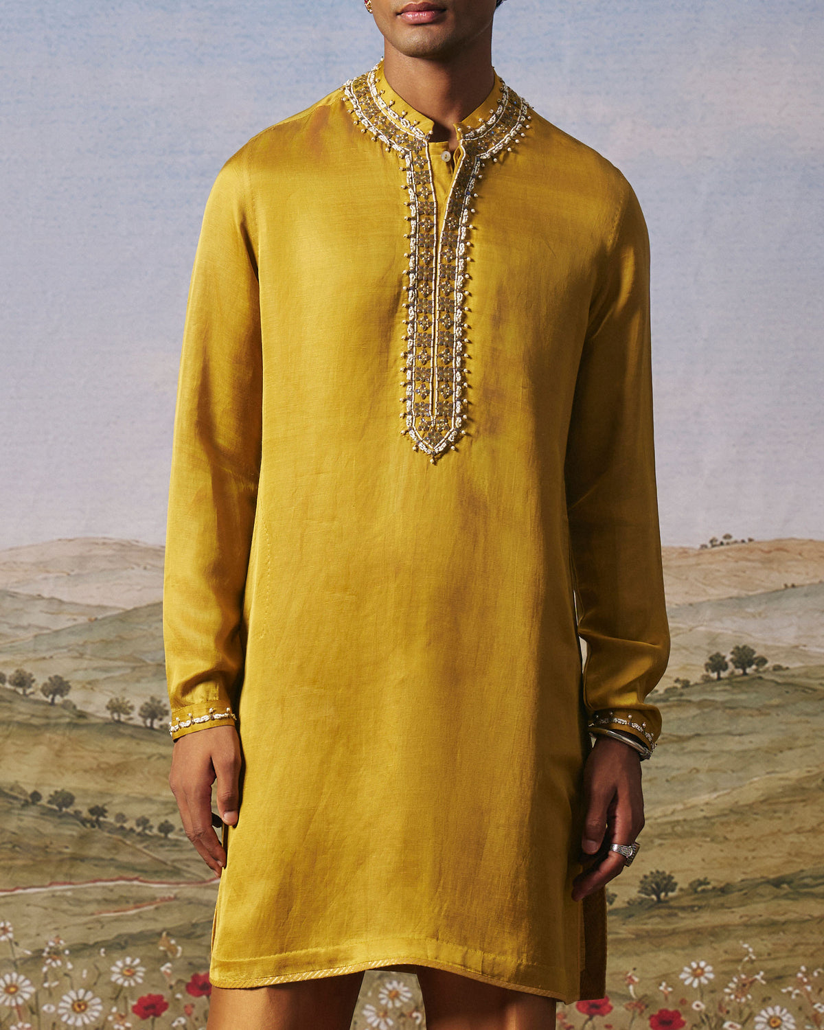 Mustard Linen Satin Kundan Kurta Set