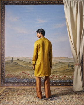 Mustard Linen Satin Kundan Kurta Set