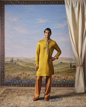 Mustard Linen Satin Kundan Kurta Set
