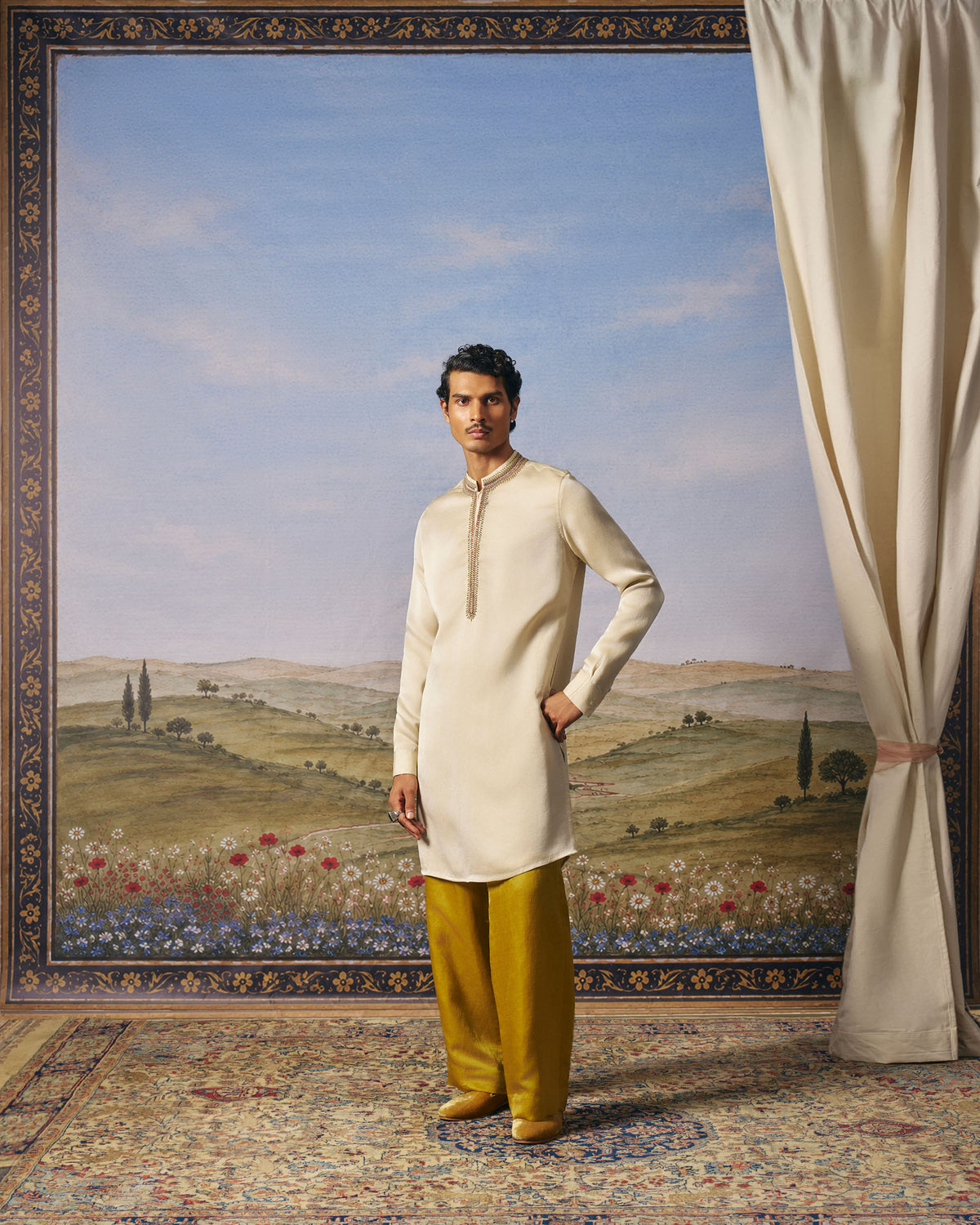 Beige Linen Zari Kurta Set