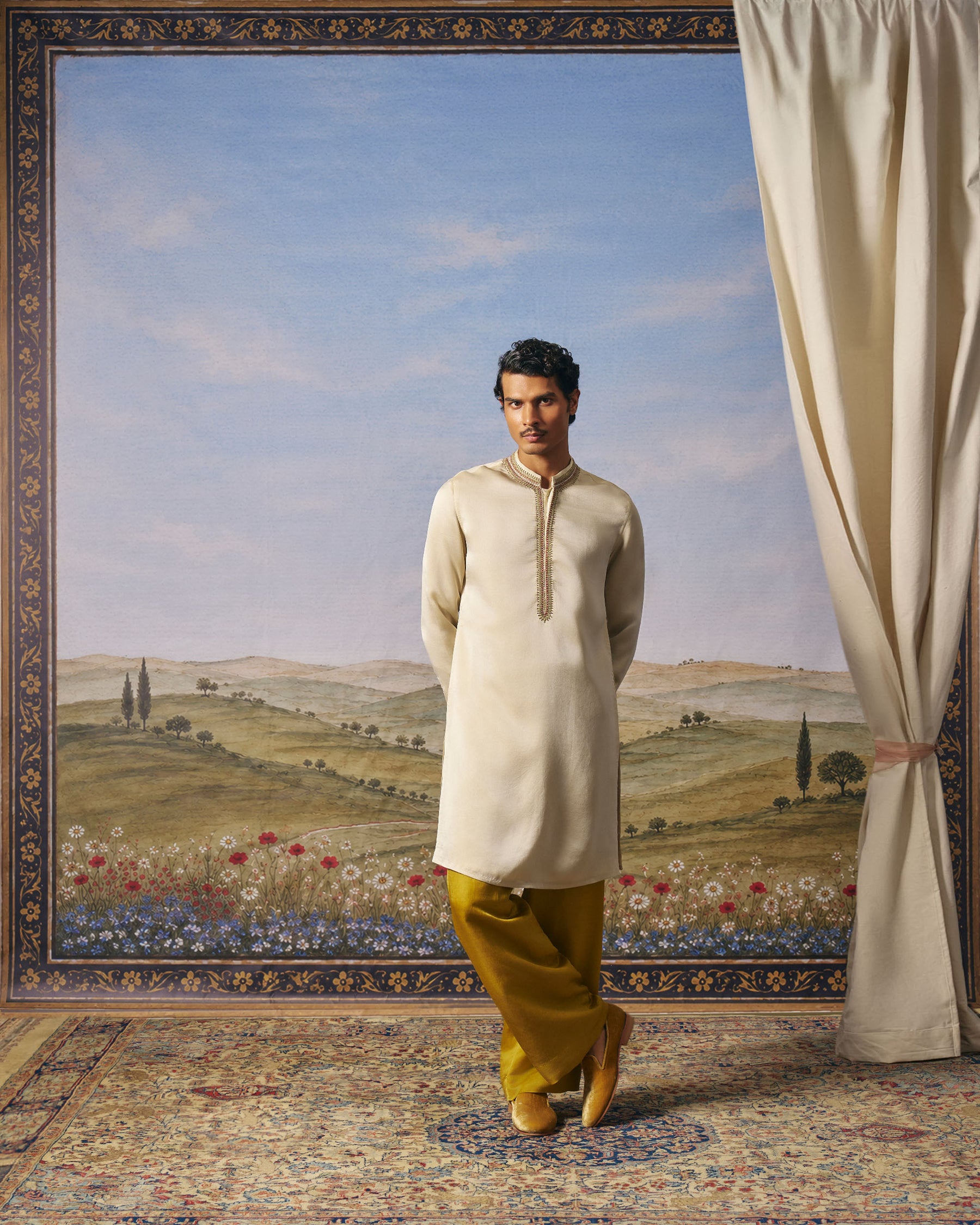 Beige Linen Zari Kurta Set