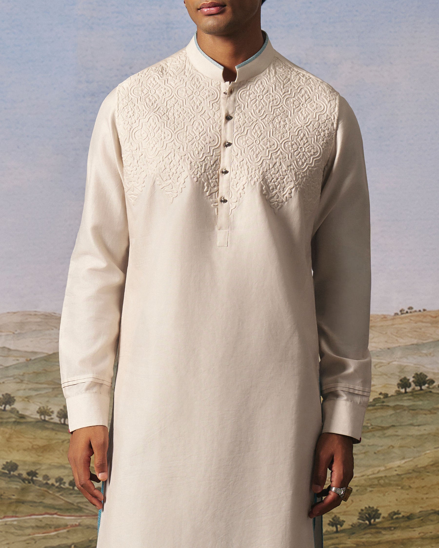 Oat Milk Satin Chanderi Corded Kurta Set