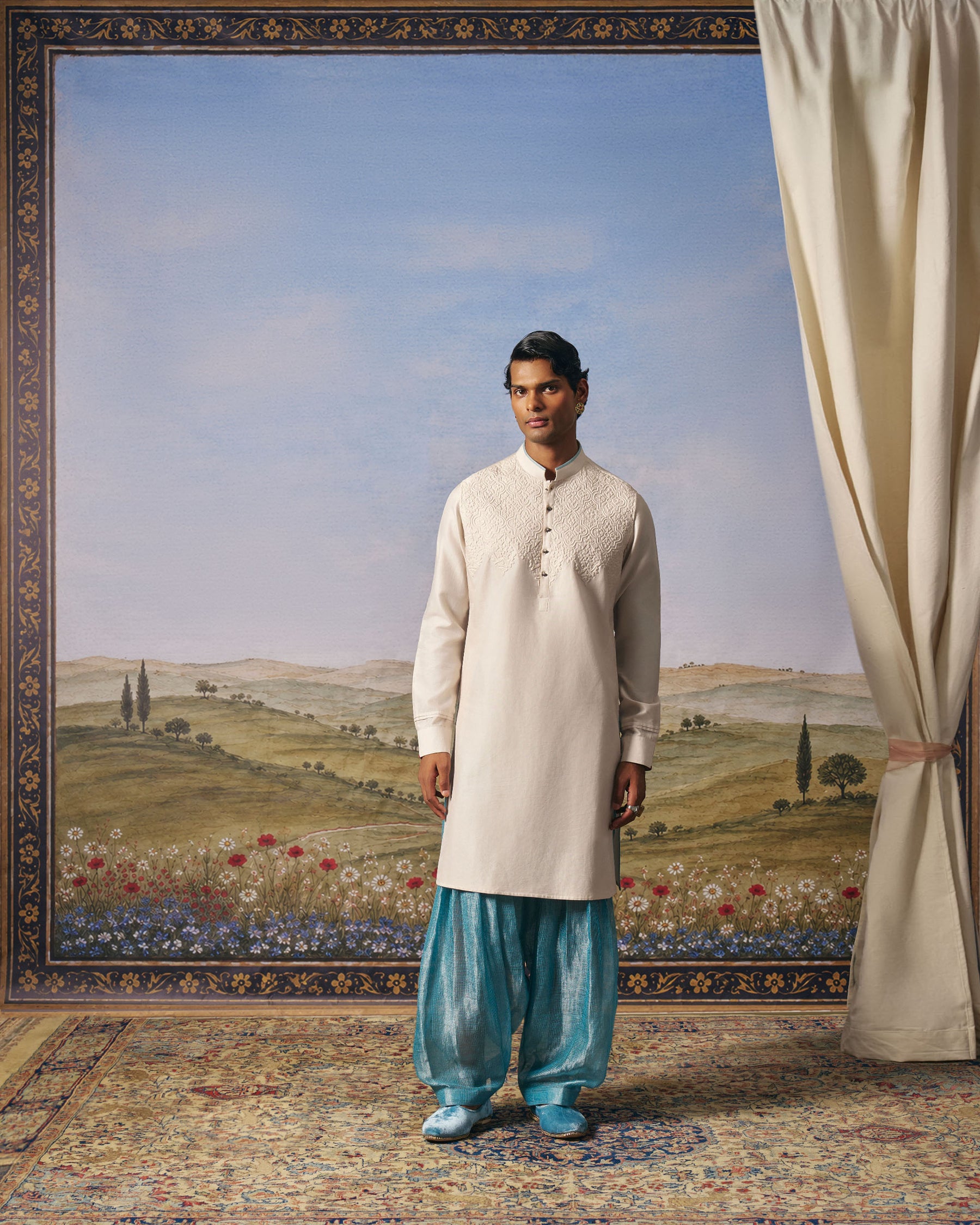 Oat Milk Satin Chanderi Corded Kurta Set