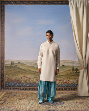 Oat Milk Satin Chanderi Corded Kurta Set