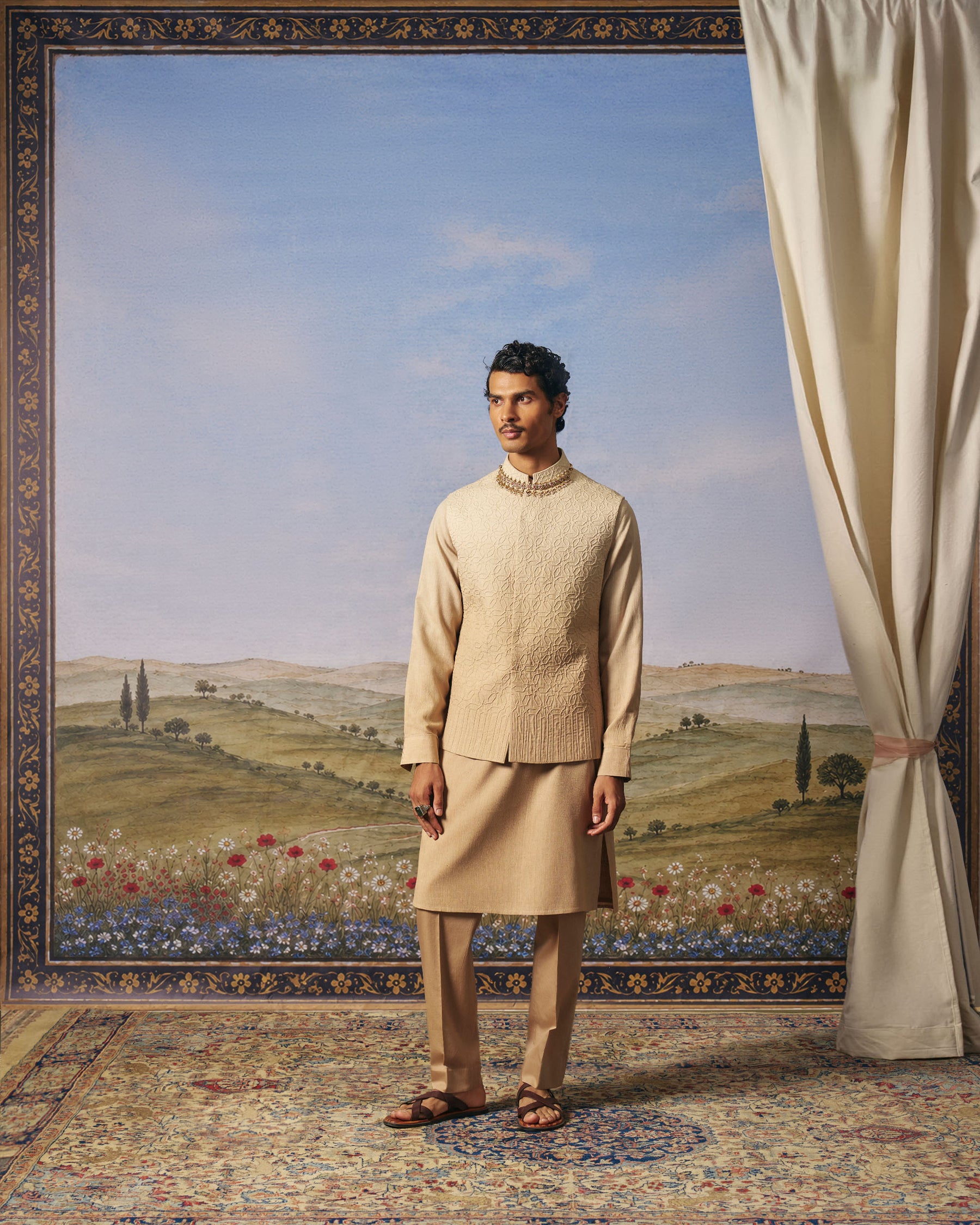 Beige Ombre Jaal Corded Bundi Set