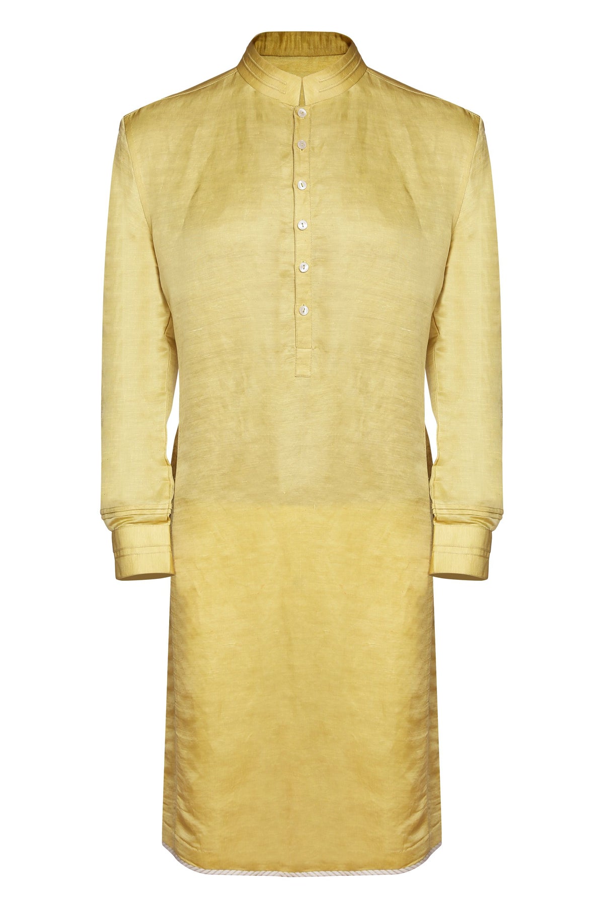 MUSTARD CLASSIC LINEN SATIN KURTA WITH INTRICATE TAILORING DETAILS