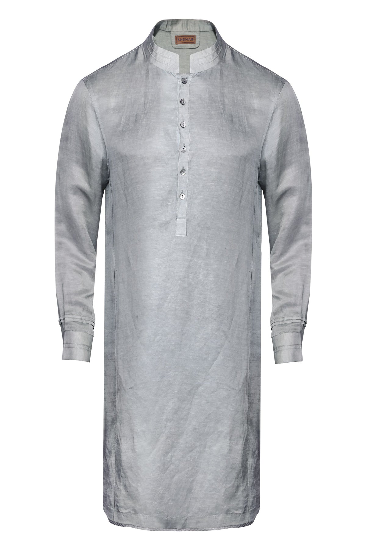 STEEL GREY CLASSIC LINEN SATIN KURTA WITH INTRICATE TAILORING DETAILS